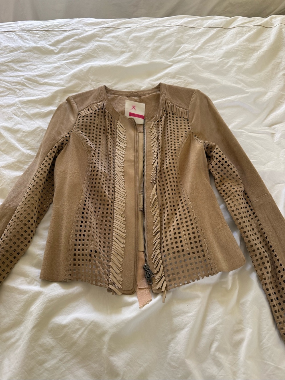 Tracey Reese Fringed Perforated 100% authentic Suede Jacket - Tan